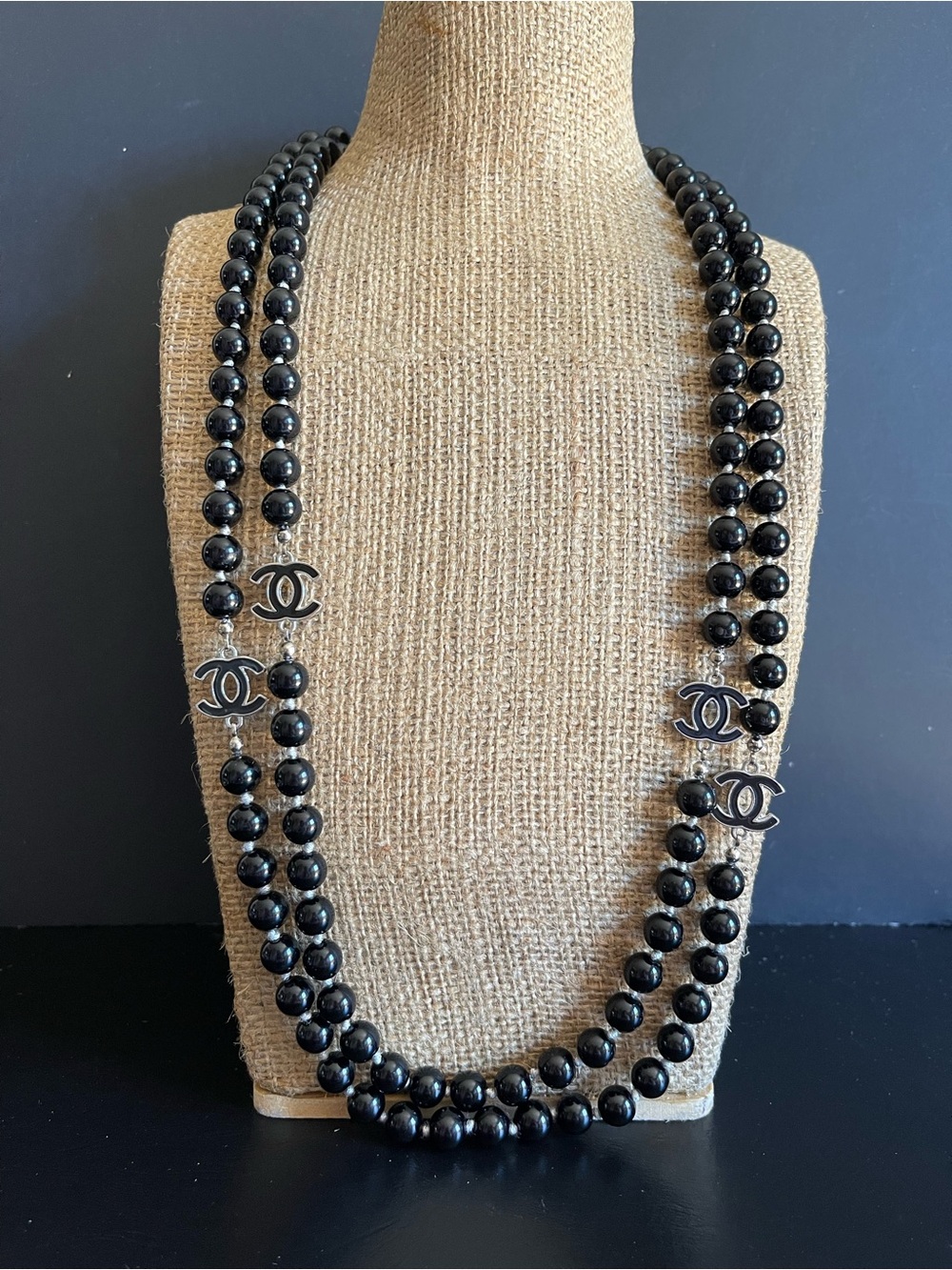Vintage Automatic Chanel genuine black onyx with CC black enamel necklace.
